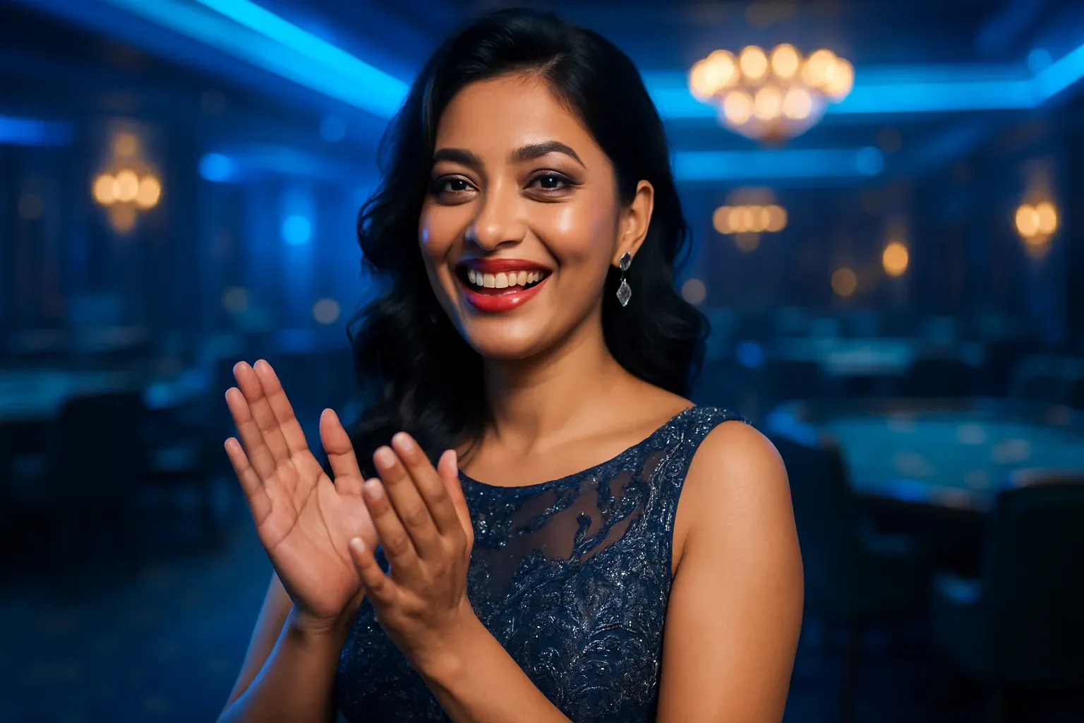 Glamorous Bangladeshi woman clapping joyfully in VIP casino with golden bokeh lights