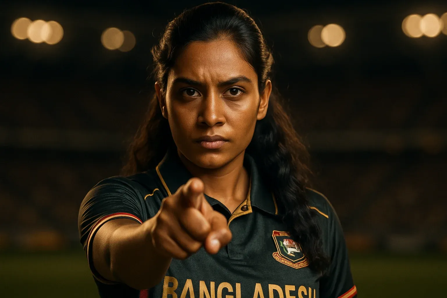 Confident Bangladeshi woman in team colors pointing forward in stadium lights