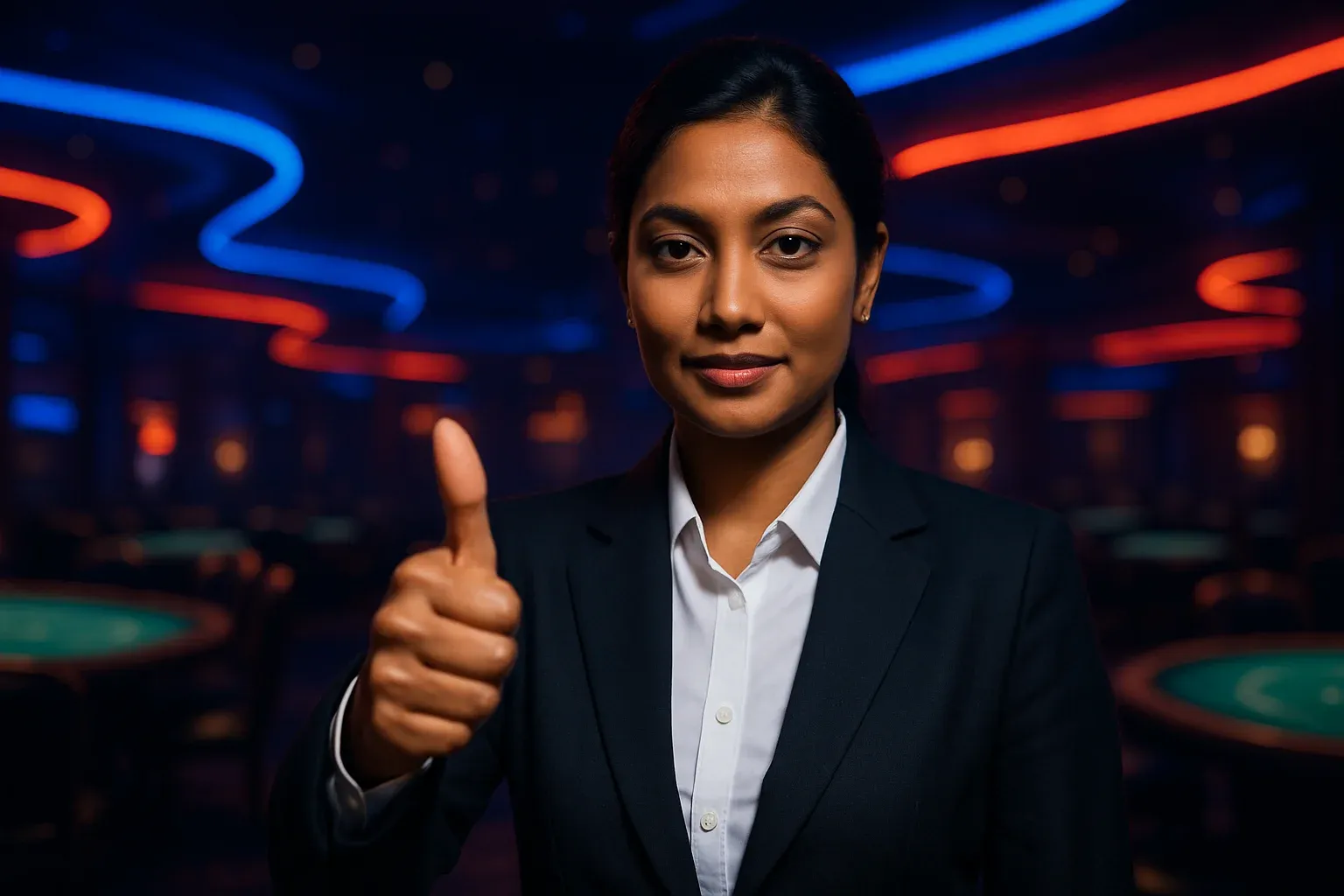 Confident Bangladeshi woman in business attire giving thumbs up in casino