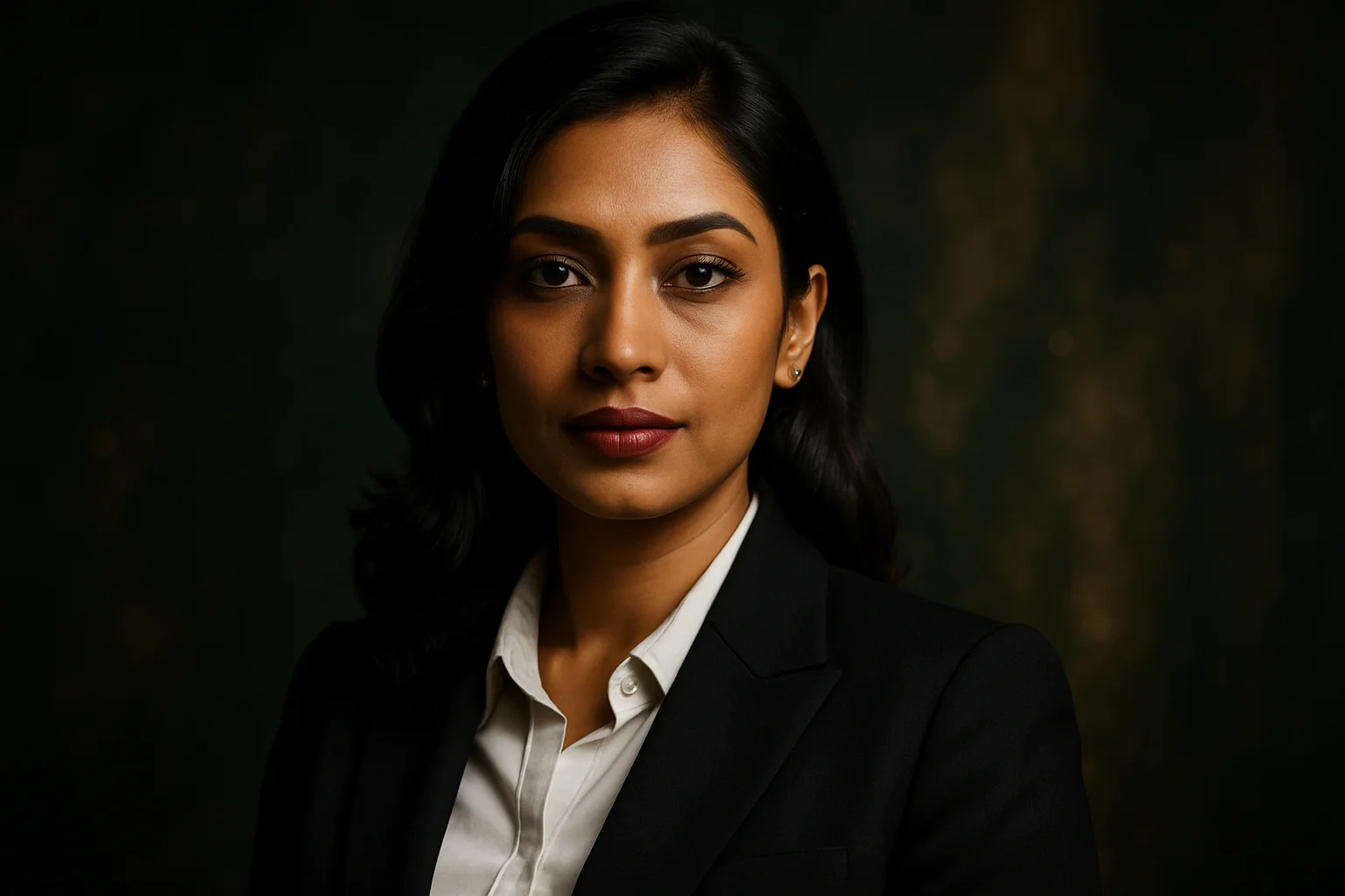 High-resolution portrait of elegant Bangladeshi businesswoman on green and gold luxury background