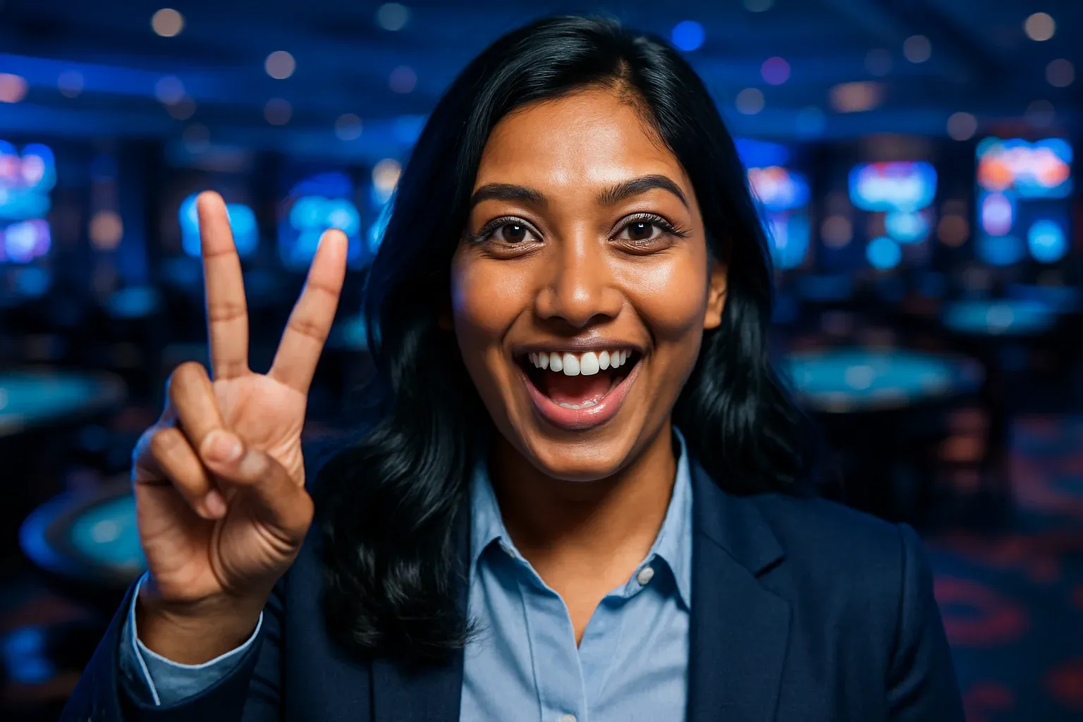 Excited Bangladeshi woman celebrating with V-sign, blurred casino background