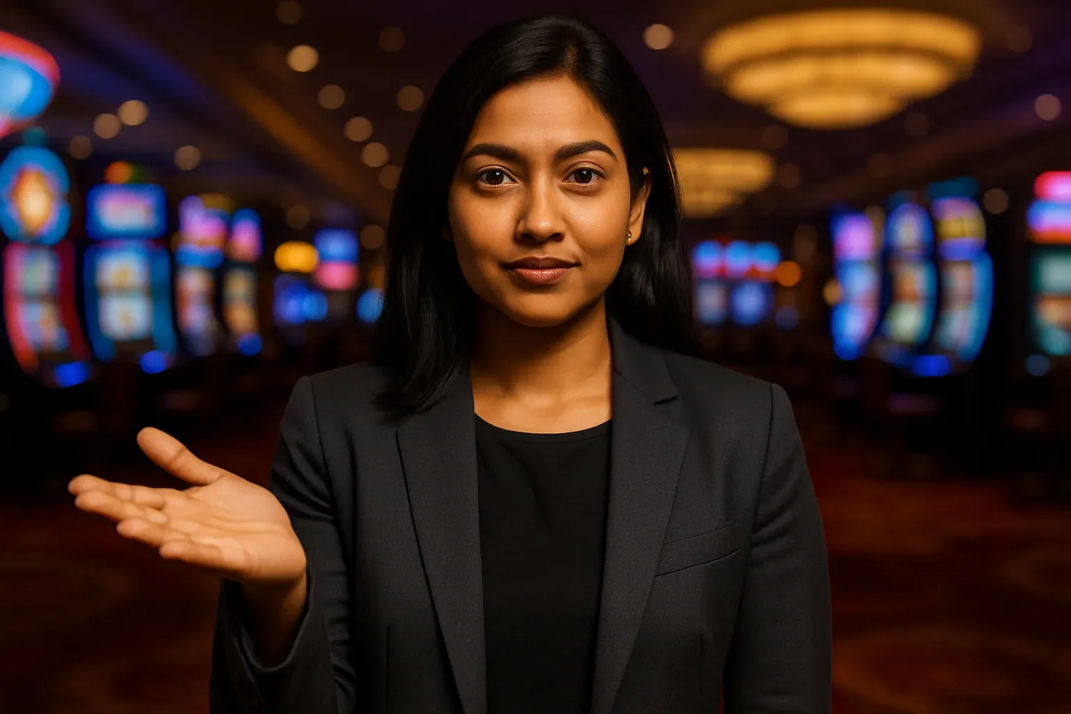 Confident Bangladeshi woman gesturing with open palm on blurred casino floor