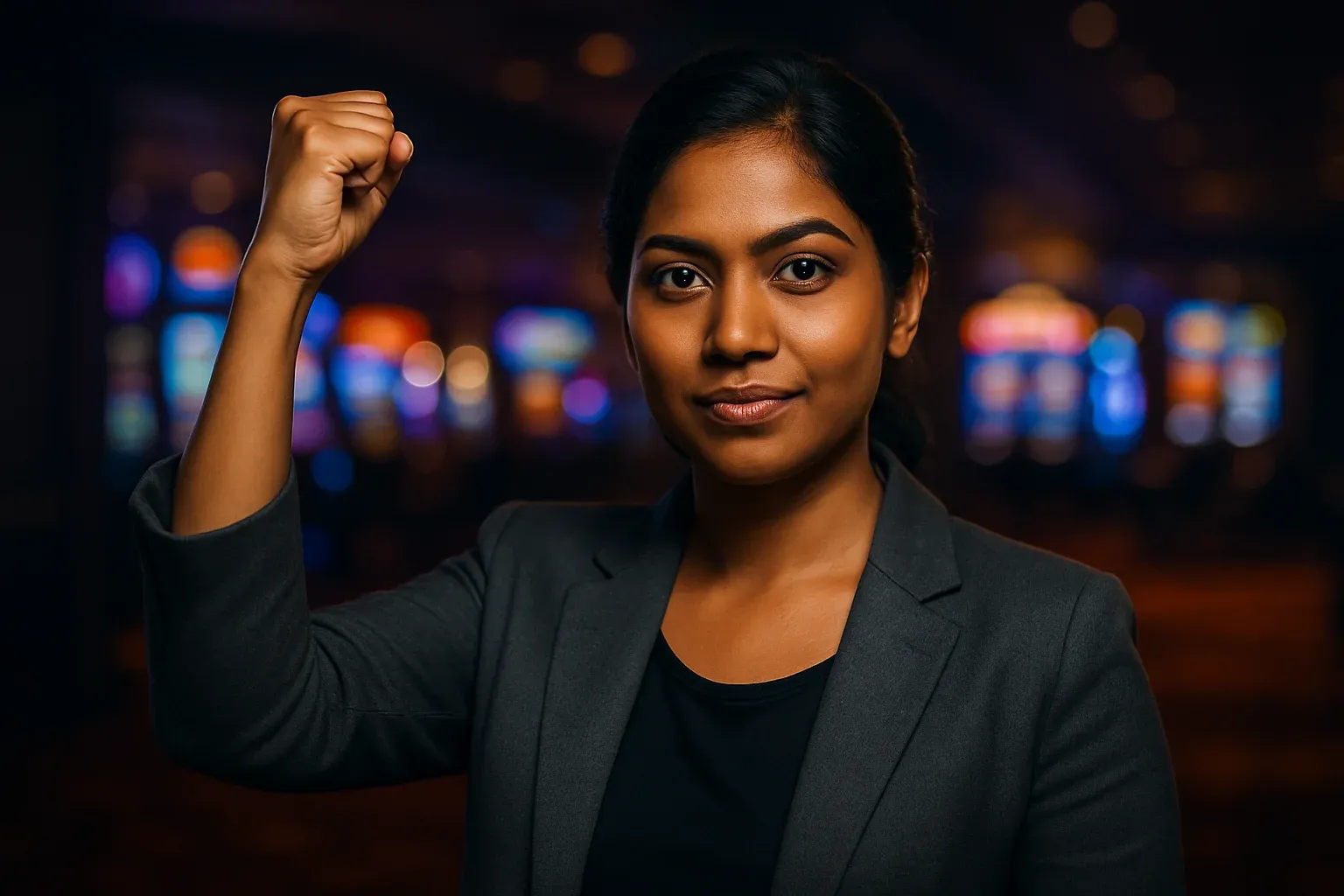 Confident Bangladeshi woman raising fist in triumph on blurred casino floor